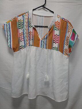 SHEIN Boho Embroidered Woven Yoke Tassel Peasant Blouse – White – Size M